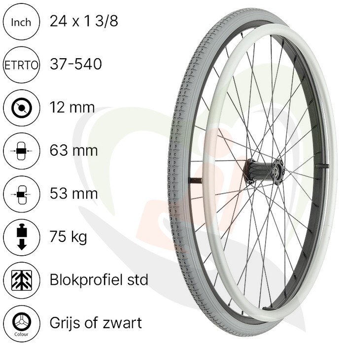 Rolstoelwiel compleet - 24x1 3/8 standaard - per stuk